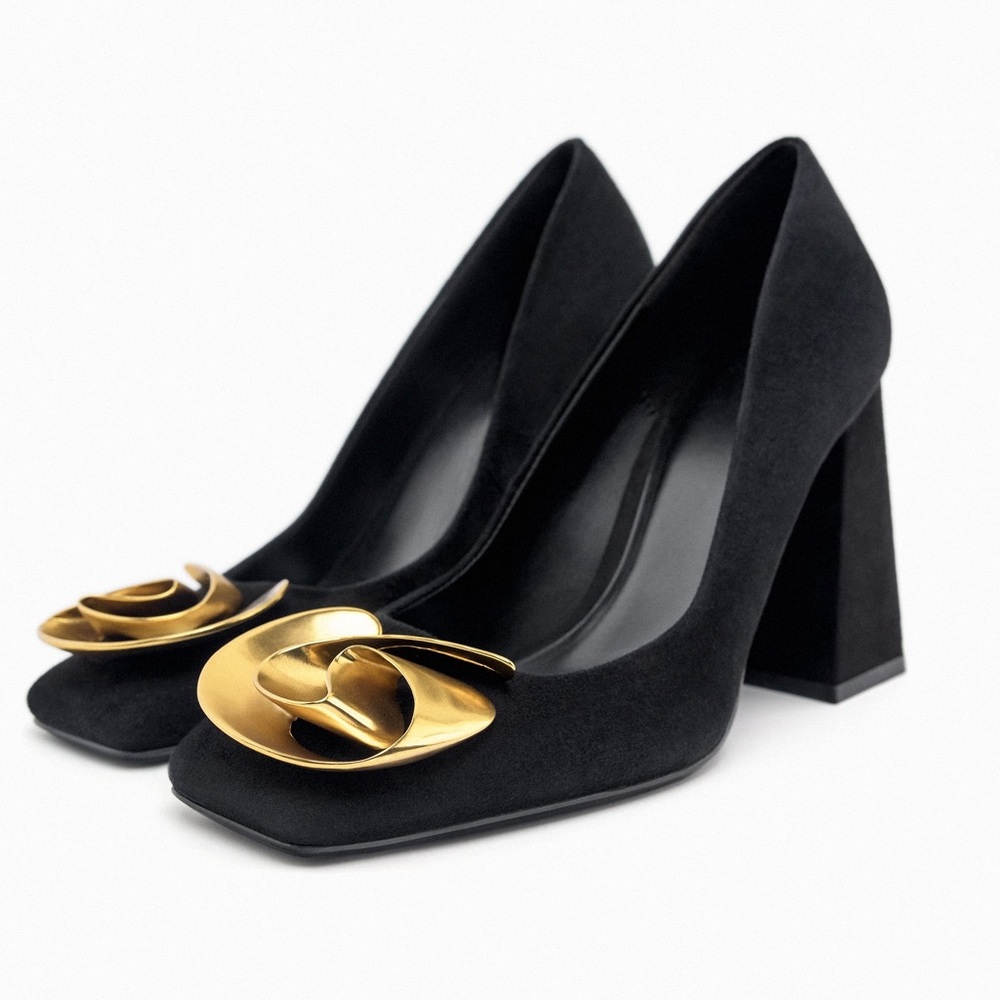 NWT Zara Metal Gold Tone Flower Velvet Black Suede Shoes Heels Bloggers Fav 8